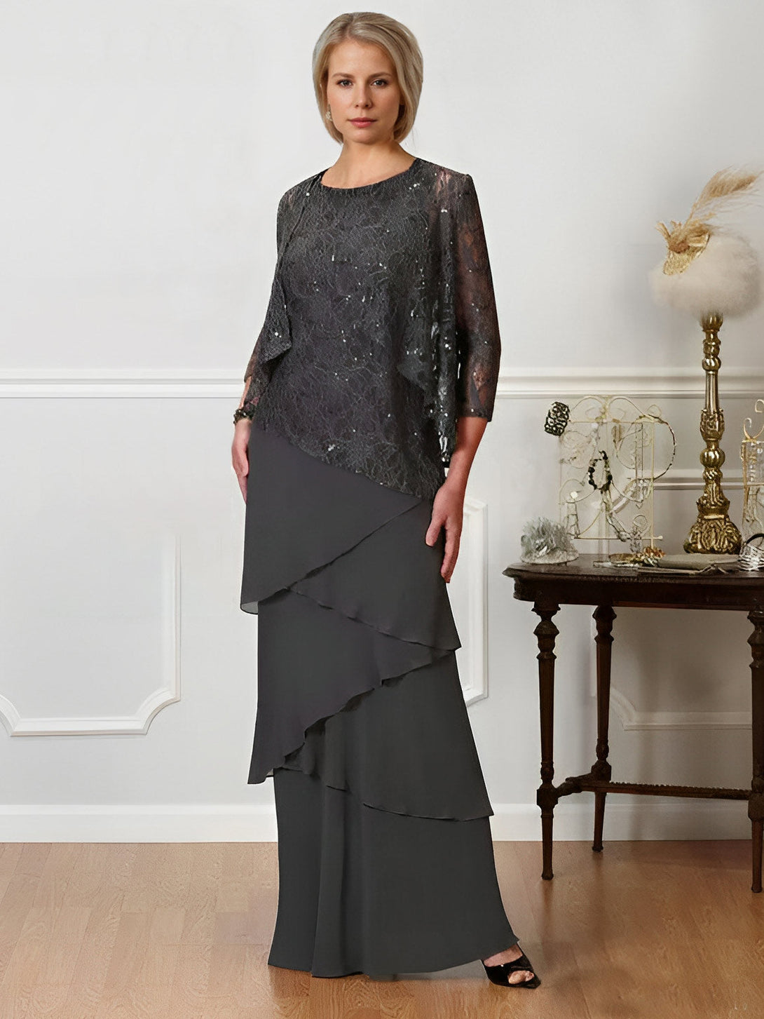 Sheath/Column Off-The-Shoulder Short Sleeves Tea-Length Unique Mother Of The Bride Dresses With Feathers BabaMila