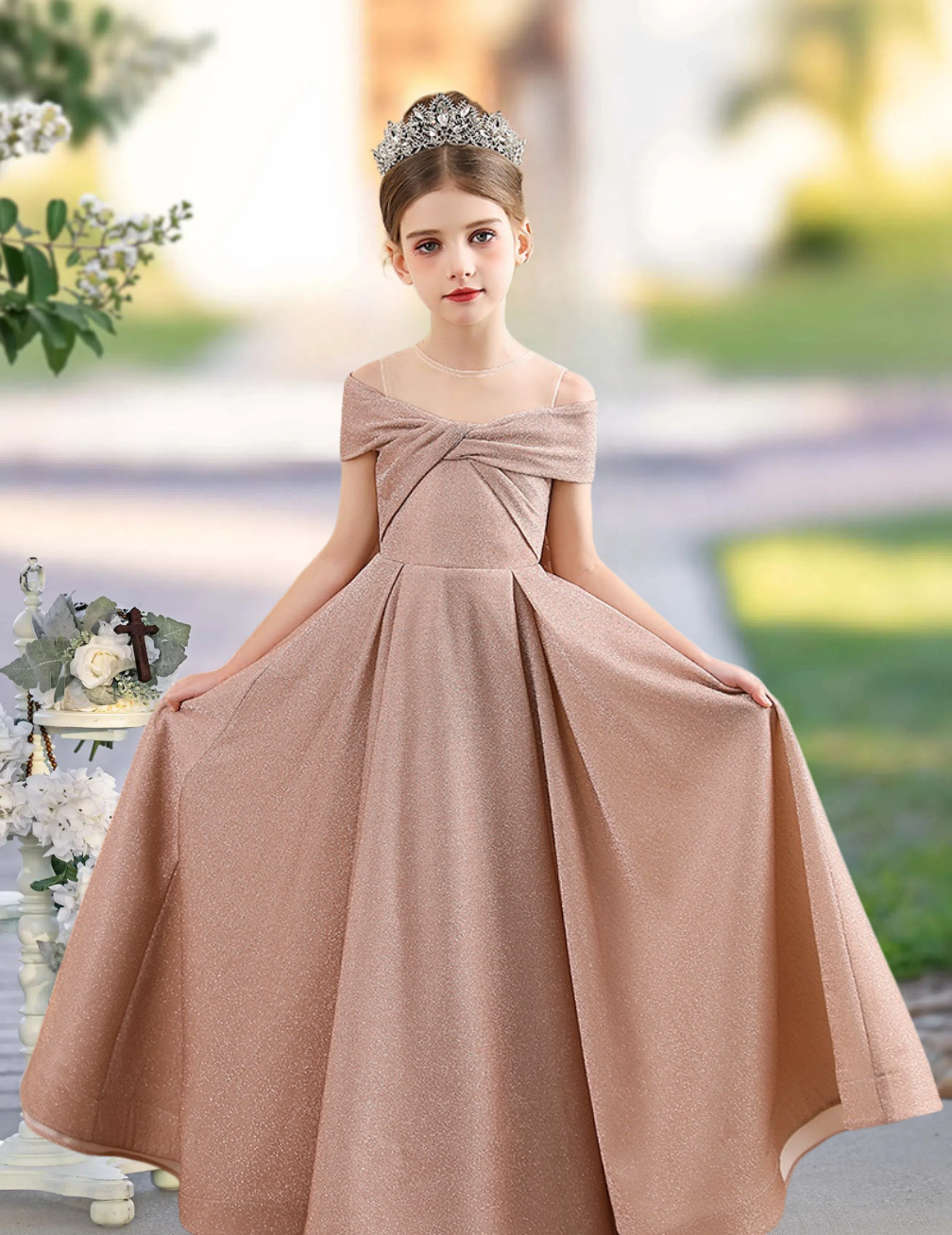 A-Line Scoop Neck Cold Shoulder Floor-Length Tulle/Satin Girls Birthday Dresses With Bow Girls Gidiondress