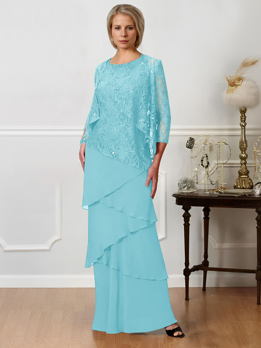 Sheath/Column Off-The-Shoulder Short Sleeves Tea-Length Unique Mother Of The Bride Dresses With Feathers BabaMila
