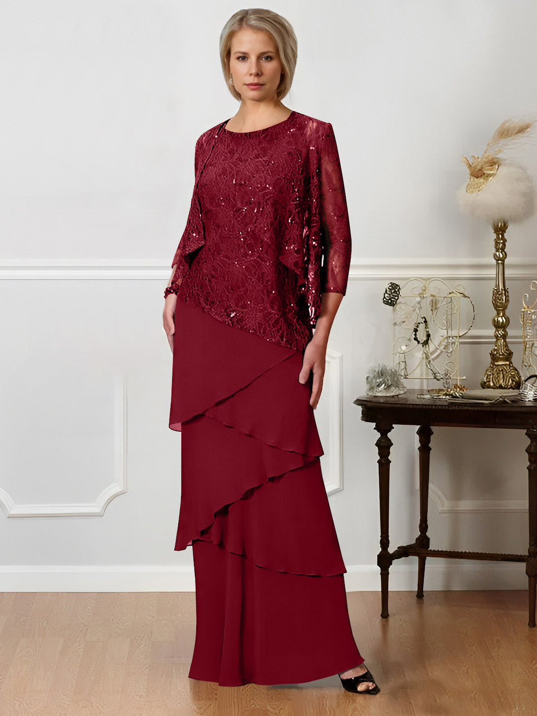 Sheath/Column Off-The-Shoulder Short Sleeves Tea-Length Unique Mother Of The Bride Dresses With Feathers BabaMila