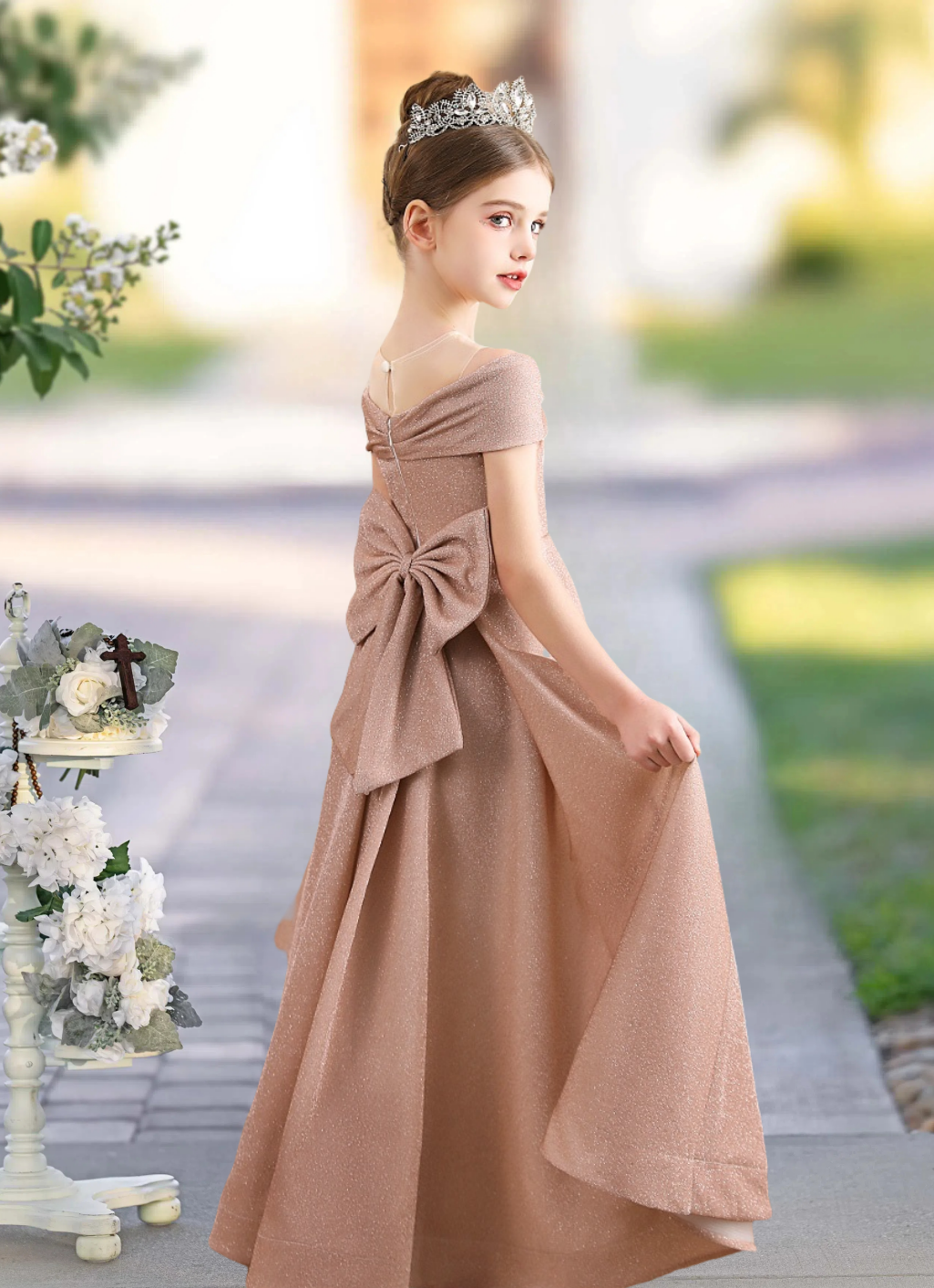 A-Line Scoop Neck Cold Shoulder Floor-Length Tulle/Satin Girls Birthday Dresses With Bow Girls Gidiondress