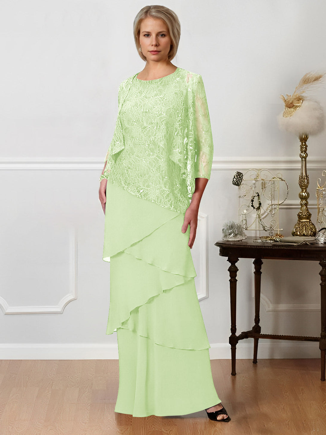 Sheath/Column Off-The-Shoulder Short Sleeves Tea-Length Unique Mother Of The Bride Dresses With Feathers BabaMila