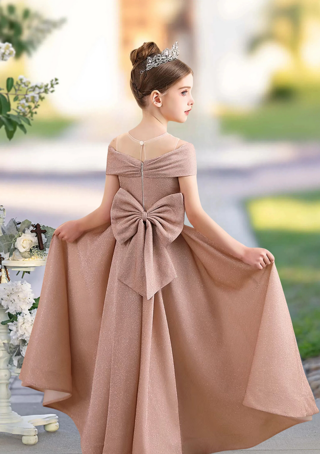 A-Line Scoop Neck Cold Shoulder Floor-Length Tulle/Satin Girls Birthday Dresses With Bow Girls Gidiondress