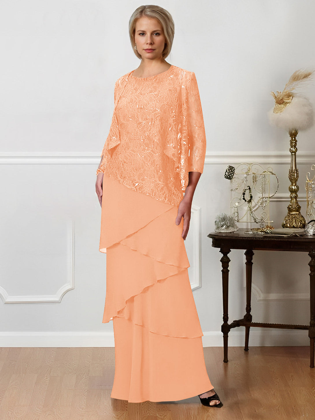 Sheath/Column Off-The-Shoulder Short Sleeves Tea-Length Unique Mother Of The Bride Dresses With Feathers BabaMila