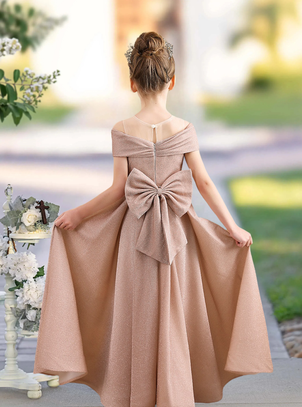 A-Line Scoop Neck Cold Shoulder Floor-Length Tulle/Satin Girls Birthday Dresses With Bow Girls Gidiondress