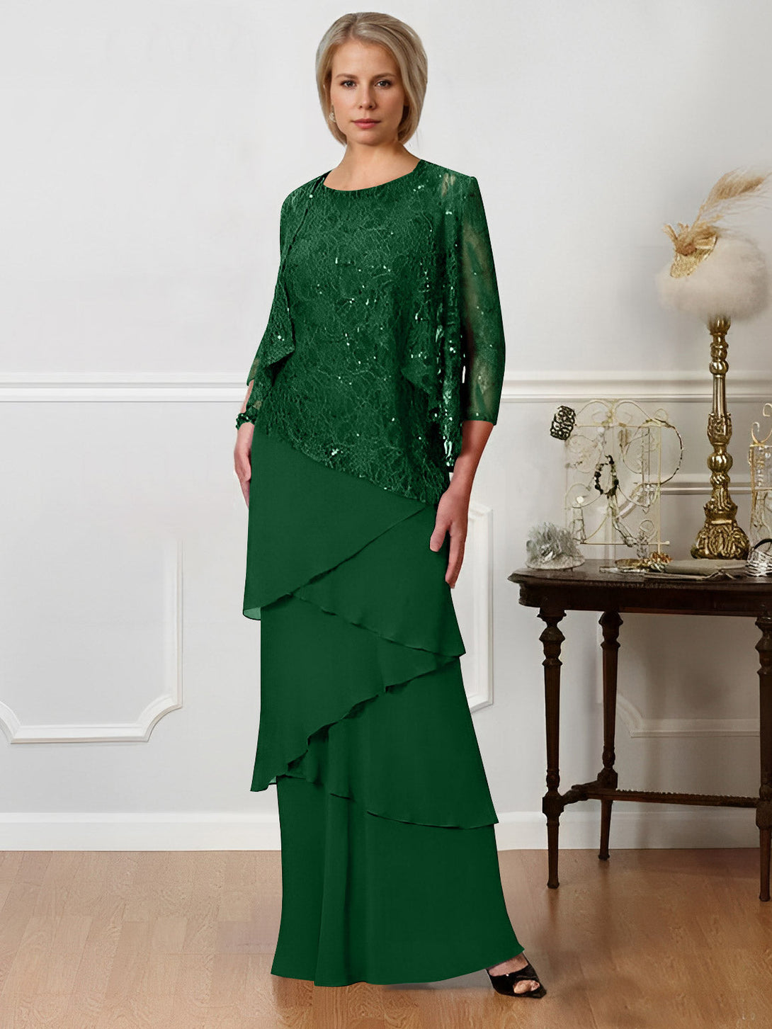 Sheath/Column Off-The-Shoulder Short Sleeves Tea-Length Unique Mother Of The Bride Dresses With Feathers BabaMila