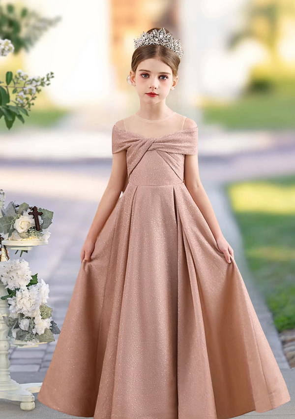 A-Line Scoop Neck Cold Shoulder Floor-Length Tulle/Satin Girls Birthday Dresses With Bow Girls Gidiondress Dusty Rose 12M