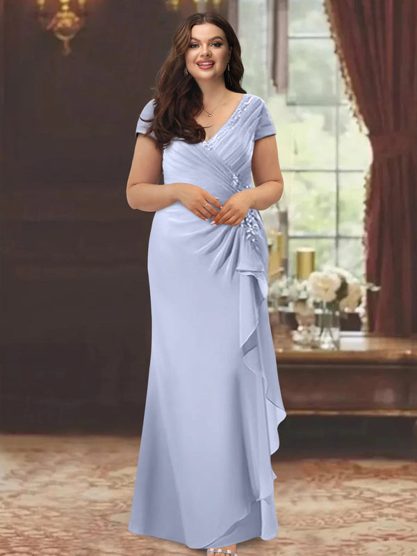 Sheath/Column V-Neck Short Sleeves Floor-Length Plus Size Mother Of The Bride Dresses With Ruffles & Appliques BabaMila