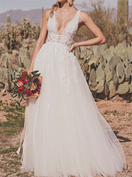 A-Line/Princess V-Neck Applique Lace Floor-length Wedding Dress BabaMila