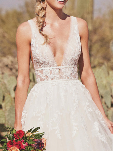 A-Line/Princess V-Neck Applique Lace Floor-length Wedding Dress BabaMila