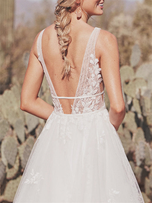 A-Line/Princess V-Neck Applique Lace Floor-length Wedding Dress BabaMila