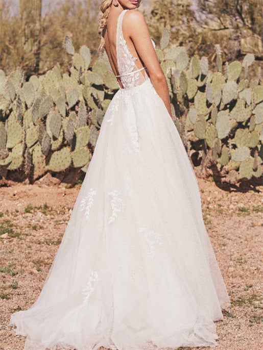 A-Line/Princess V-Neck Applique Lace Floor-length Wedding Dress BabaMila