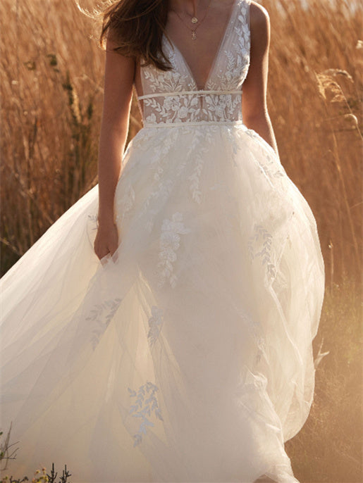 A-Line/Princess V-Neck Applique Lace Floor-length Wedding Dress BabaMila