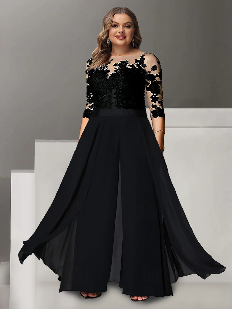 A-Line/Princess Jewel Neck 3/4 Length Sleeves Floor-Length Plus Size Mother Of The Bride Pantsuits With Applique BabaMila