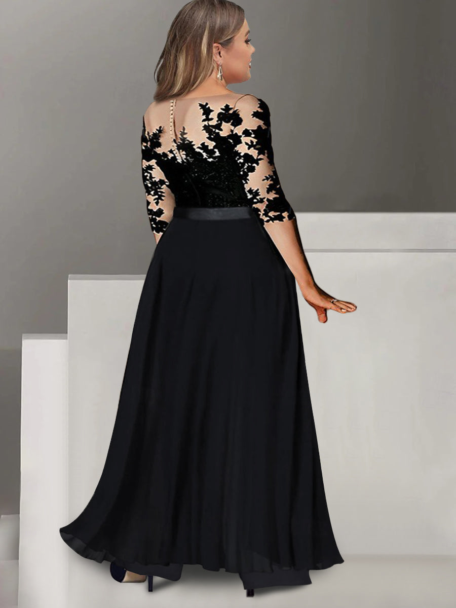 A-Line/Princess Jewel Neck 3/4 Length Sleeves Floor-Length Plus Size Mother Of The Bride Pantsuits With Applique BabaMila