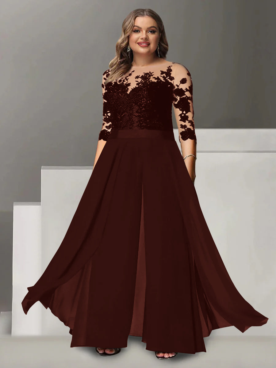 A-Line/Princess Jewel Neck 3/4 Length Sleeves Floor-Length Plus Size Mother Of The Bride Pantsuits With Applique BabaMila