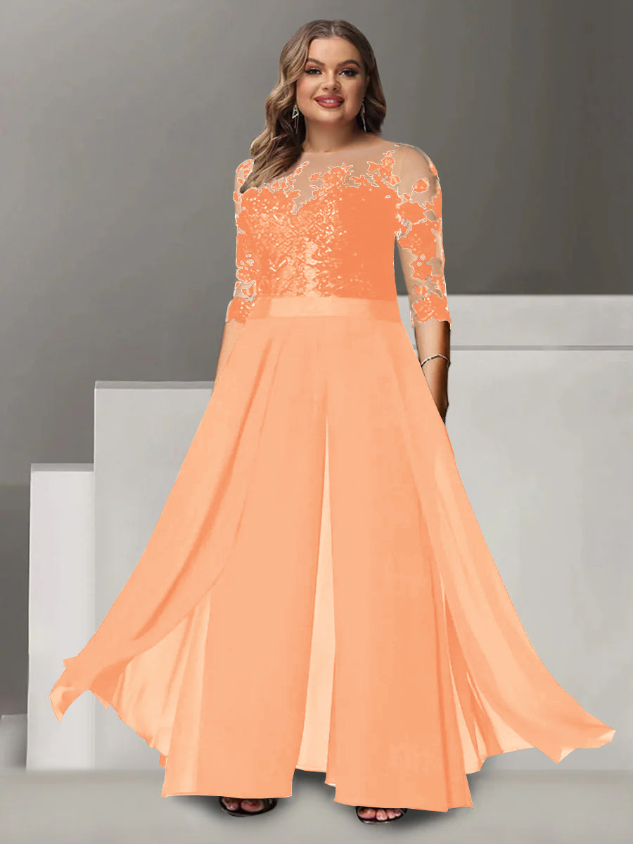 A-Line/Princess Jewel Neck 3/4 Length Sleeves Floor-Length Plus Size Mother Of The Bride Pantsuits With Applique BabaMila