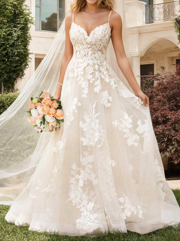 V-Neck A-Line/Princess Floor-length Wedding Dress With Applique BabaMila