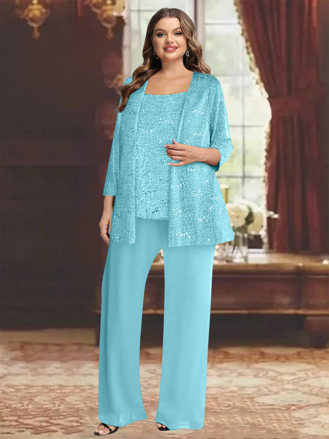Chiffon Plus Size Mother Of The Bride Pantsuits With Jacket & Sequins BabaMila
