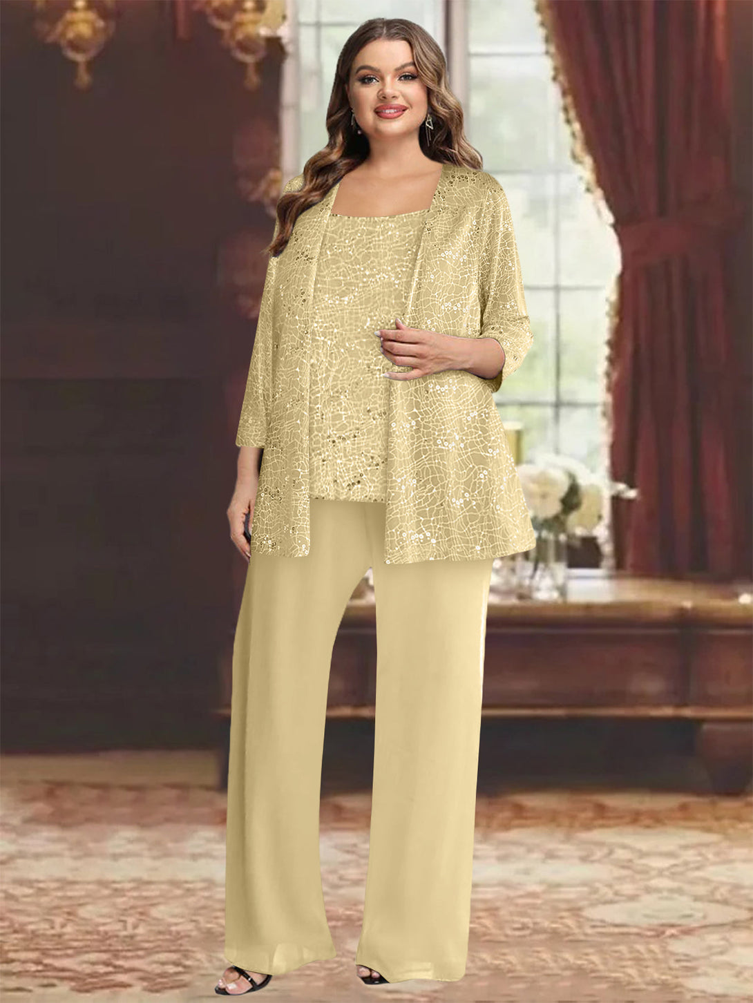 Chiffon Plus Size Mother Of The Bride Pantsuits With Jacket & Sequins BabaMila