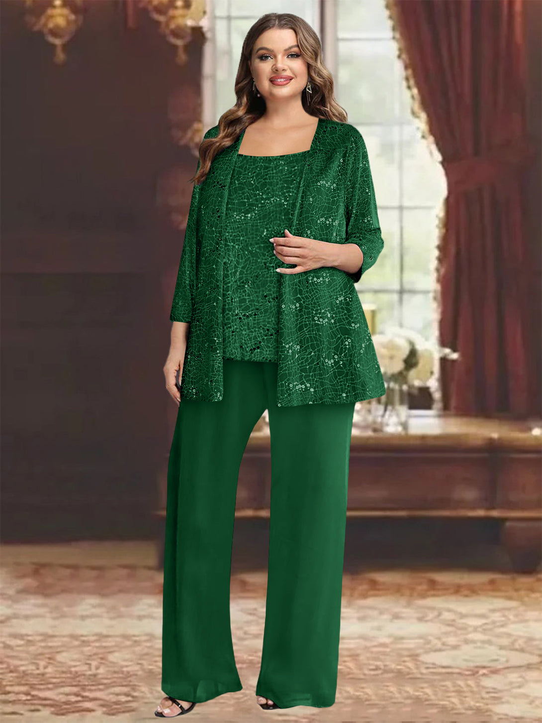 Chiffon Plus Size Mother Of The Bride Pantsuits With Jacket & Sequins BabaMila