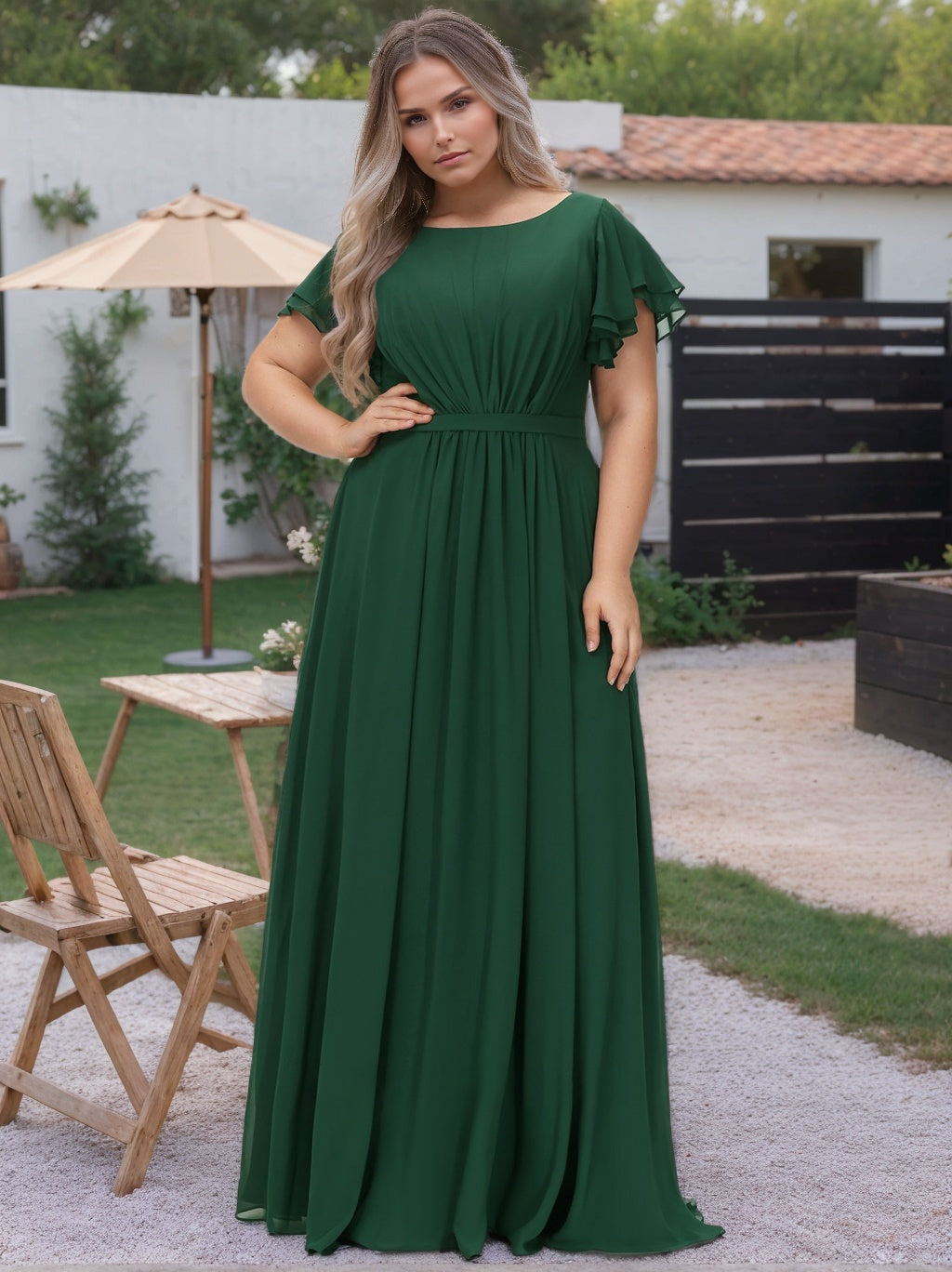 A-Line/Princess Scoop Neck Short Sleeves Floor-Length Plus Size Bridesmaid Dress With Ruffles BabaMila
