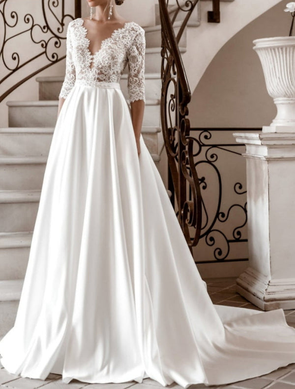 A-Line/Princess Elegant V-Neck Half Sleeves Floor-length Lace Wedding Dress BabaMila