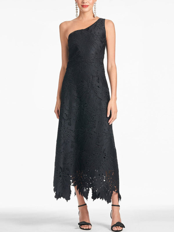 A-Line/Princess One-shoulder Sleeveless Asymmetrical Black Prom Dresses With Appliques Lace BabaMila