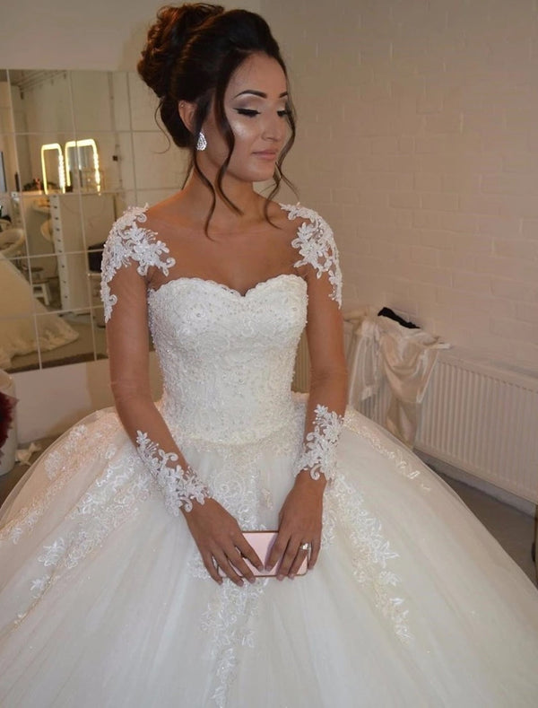 Ball Gown Sweetheart Long Sleeves Floor-length Lace Applique Wedding Dress BabaMila