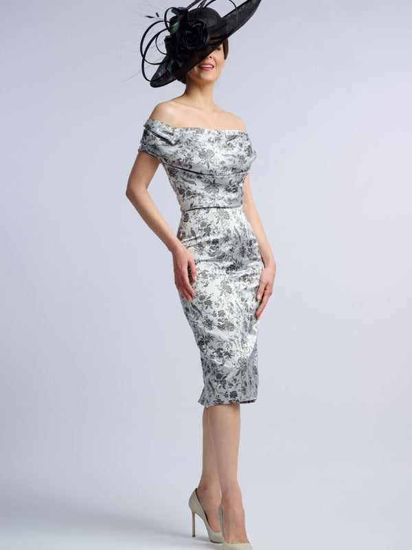 Sheath/Column Off-the-shoulder Short Sleeves Tea Length Evening Dresses With Retro Printed Flower BabaMila