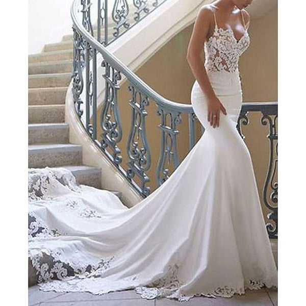 Trumpet/Mermaid Silk Satin V-Neck Court Train Lace Appliques Wedding Dress BabaMila