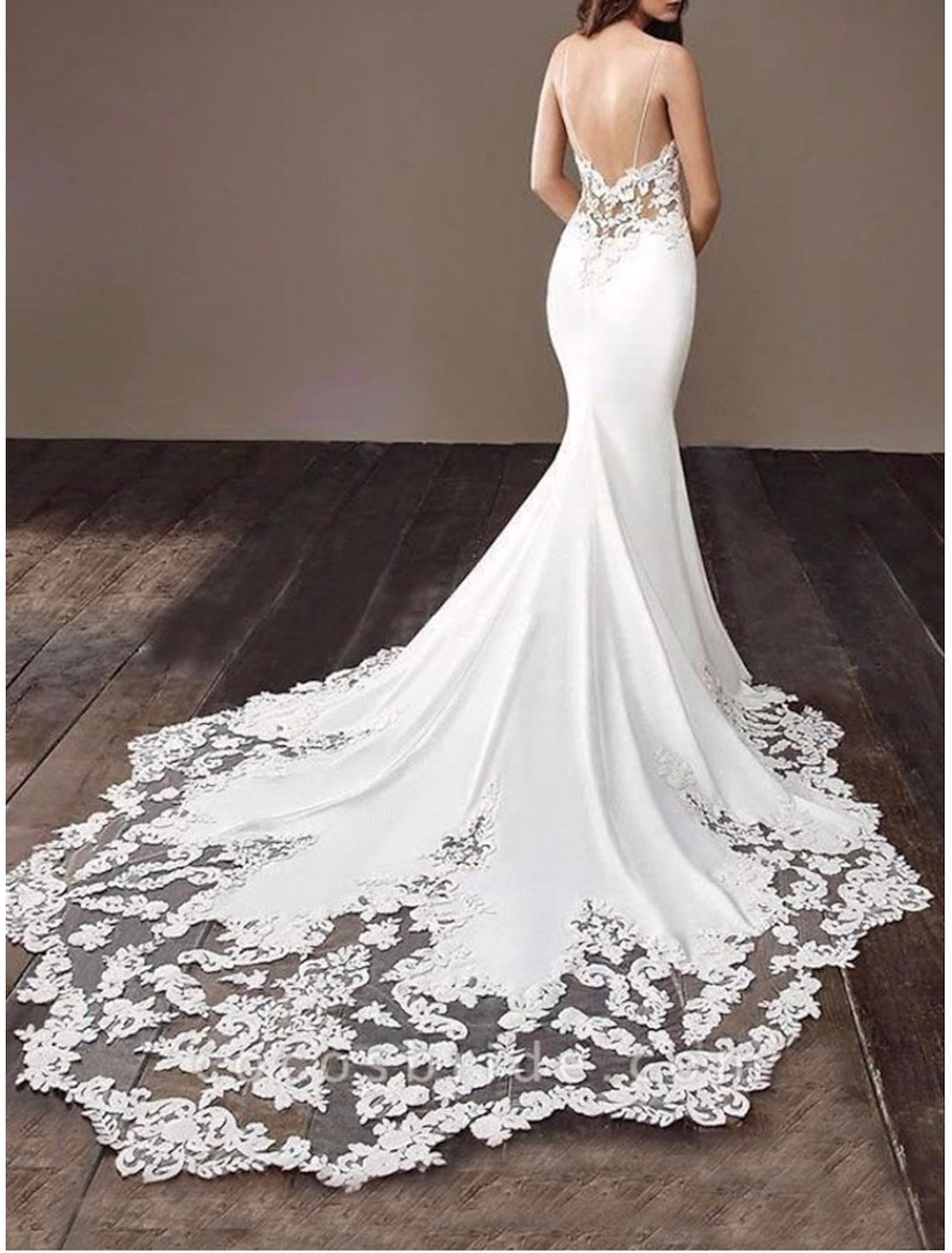 Trumpet/Mermaid Silk Satin V-Neck Court Train Lace Appliques Wedding Dress BabaMila