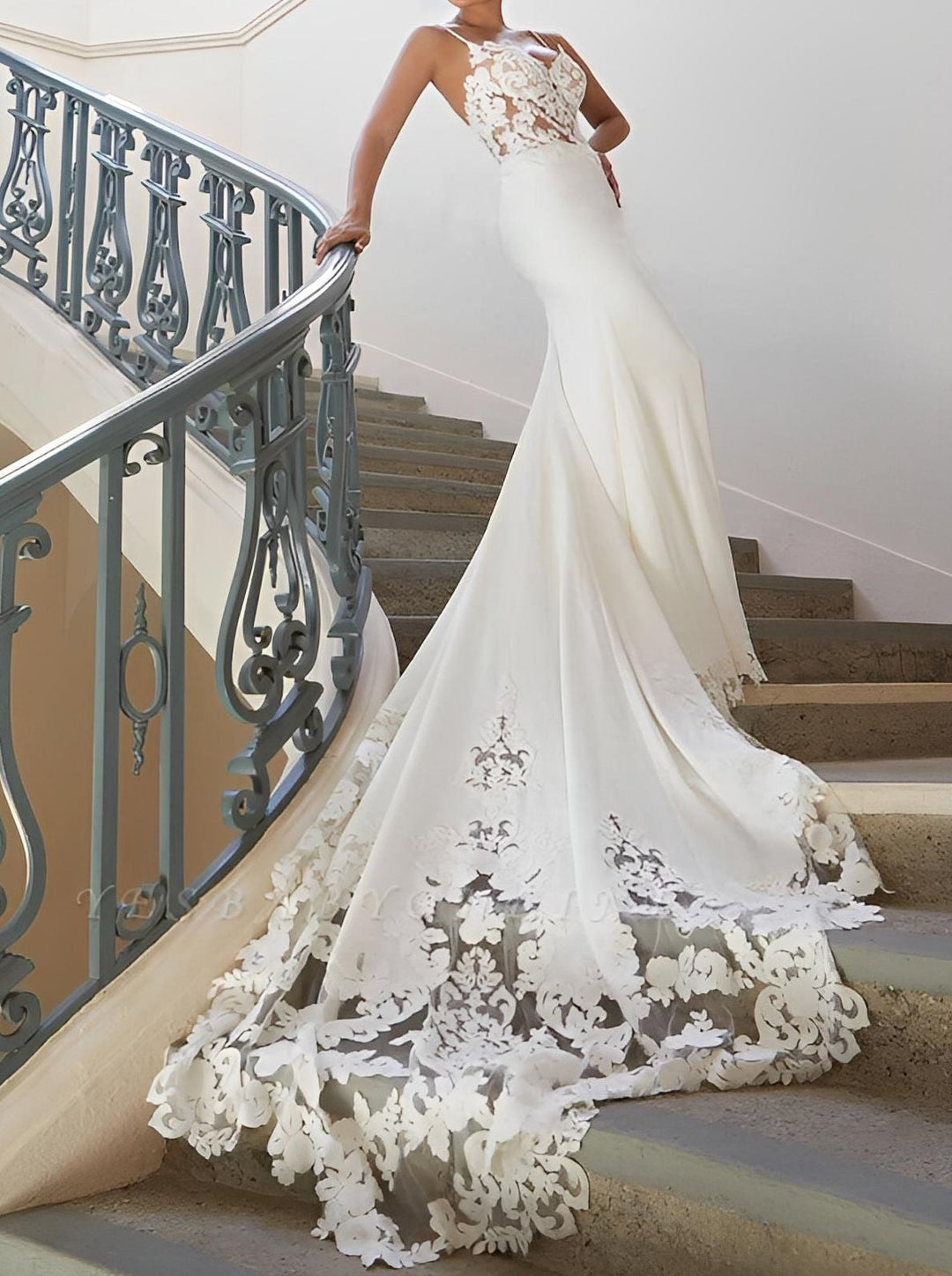 Trumpet/Mermaid Silk Satin V-Neck Court Train Lace Appliques Wedding Dress BabaMila