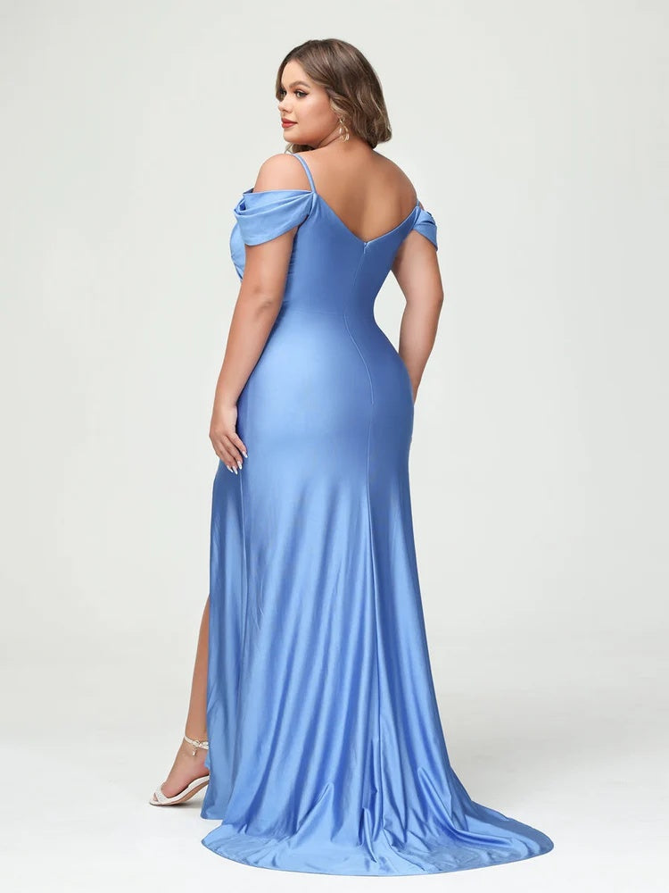 Mermaid Spaghetti Straps V-Neck Short Sleeves Plus Size Maxi Dresses with Split Side BabaMila