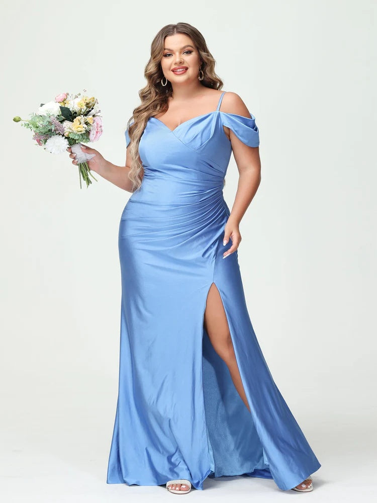 Mermaid Spaghetti Straps V-Neck Short Sleeves Plus Size Maxi Dresses with Split Side BabaMila