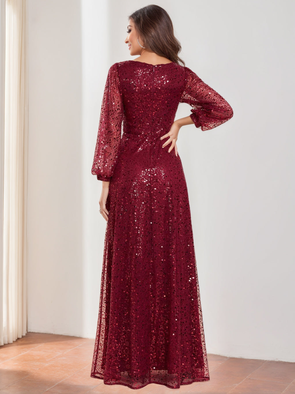 A-Line/Princess V-Neck Long Lantern Sleeves Floor Length Sequined Mother Of The Bride Dresses BabaMila