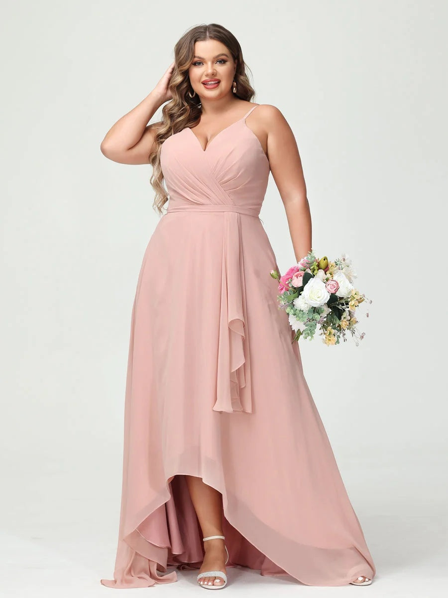 A-Line/Princess Spaghetti Straps Chiffon Ruffles Asymmetrical Plus Size Bridesmaid Dresses with Pockets BabaMila