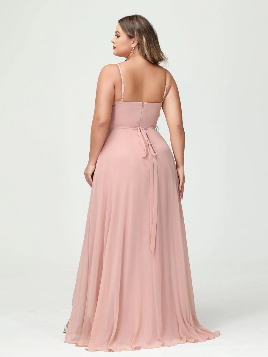 A-Line/Princess Spaghetti Straps Chiffon Ruffles Asymmetrical Plus Size Bridesmaid Dresses with Pockets BabaMila