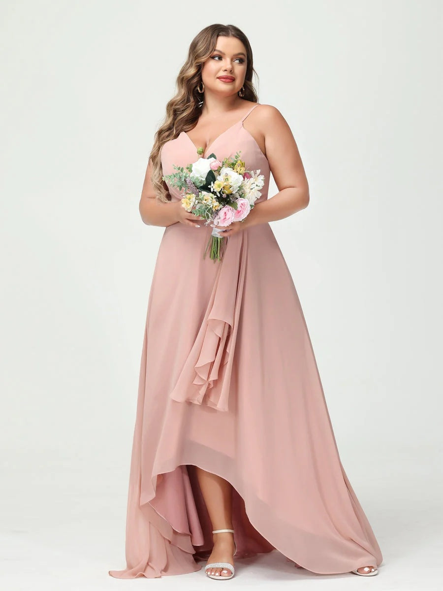 A-Line/Princess Spaghetti Straps Chiffon Ruffles Asymmetrical Plus Size Bridesmaid Dresses with Pockets BabaMila