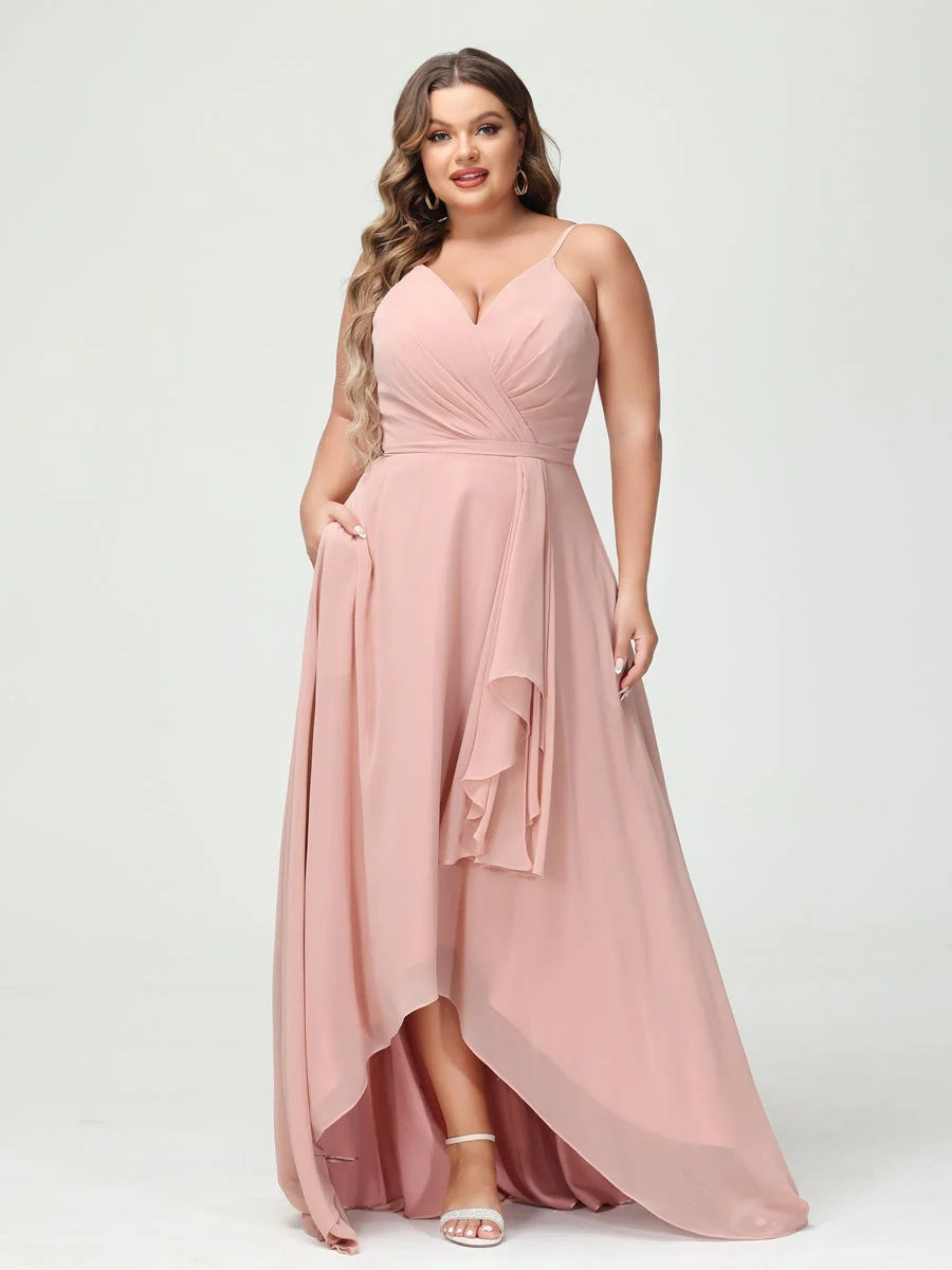 A-Line/Princess Spaghetti Straps Chiffon Ruffles Asymmetrical Plus Size Bridesmaid Dresses with Pockets BabaMila