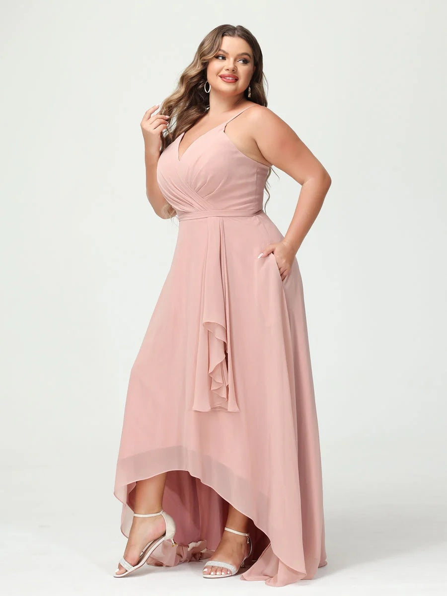 A-Line/Princess Spaghetti Straps Chiffon Ruffles Asymmetrical Plus Size Bridesmaid Dresses with Pockets BabaMila