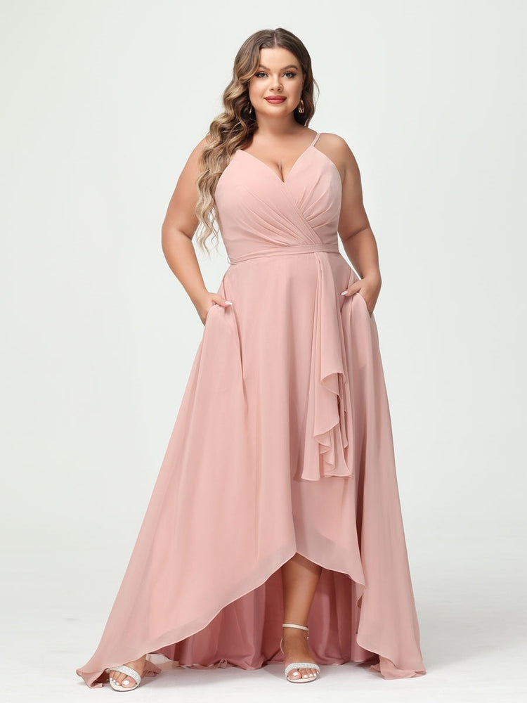 A-Line/Princess Spaghetti Straps Chiffon Ruffles Asymmetrical Plus Size Bridesmaid Dresses with Pockets BabaMila