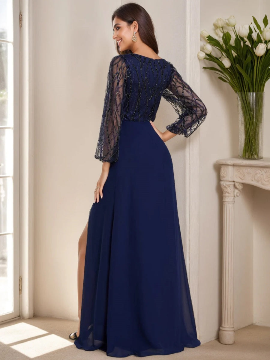A-Line/Princess V-Neck Long Sleeves Floor Length Mother Of The Bride Dresses With Split BabaMila