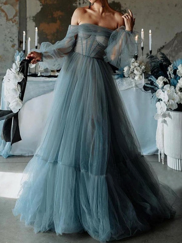 A-Line/Princess Off-the-shoulder Sweetheart Floor Length Tulle Prom Dresses BabaMila