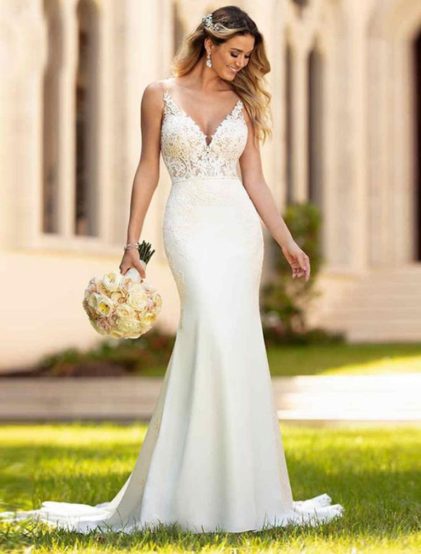 Trumpet/Mermaid V-Neck Appliques Sweep Train Lace Wedding Dress BabaMila