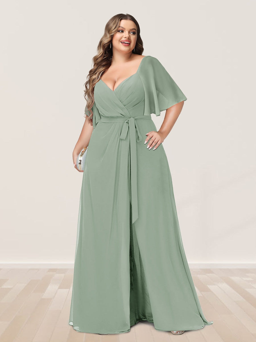 A-Line/Princess V-Neck Half Sleeves Plus Size Bridesmaid Dresses with Split Side BabaMila