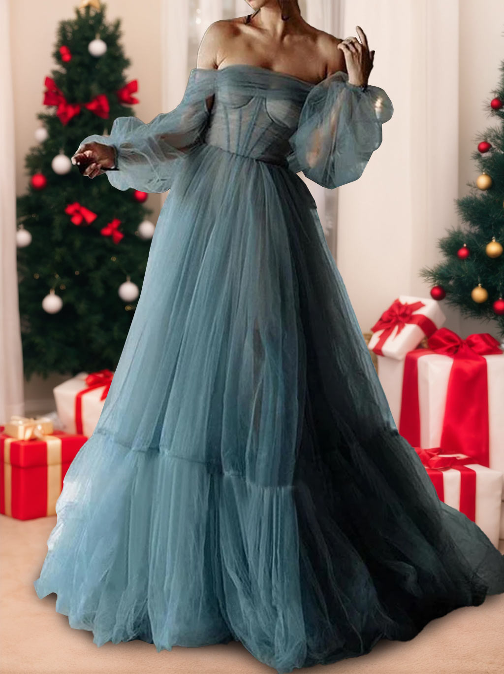 A-Line/Princess Off-the-shoulder Sweetheart Floor Length Tulle Prom Dresses BabaMila