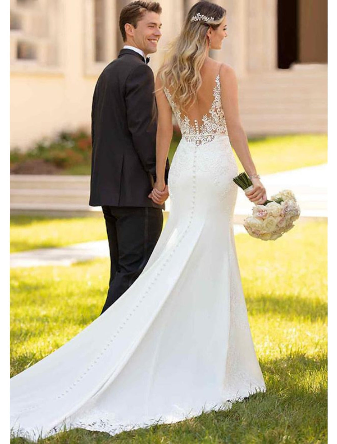 Trumpet/Mermaid V-Neck Appliques Sweep Train Lace Wedding Dress BabaMila