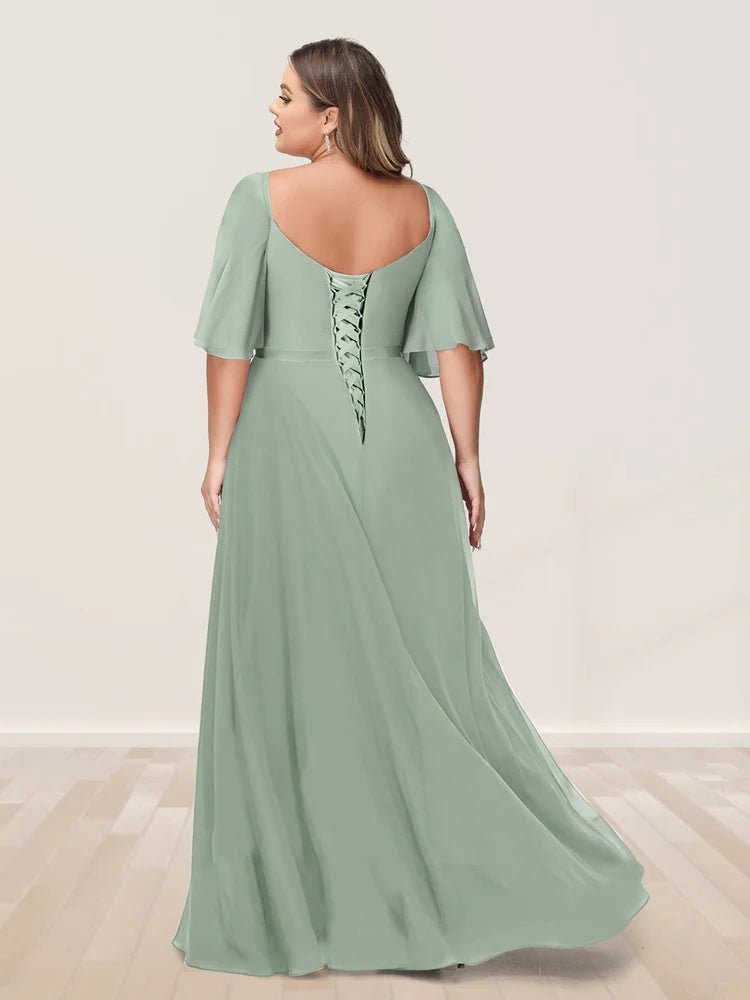 A-Line/Princess V-Neck Half Sleeves Plus Size Bridesmaid Dresses with Split Side BabaMila