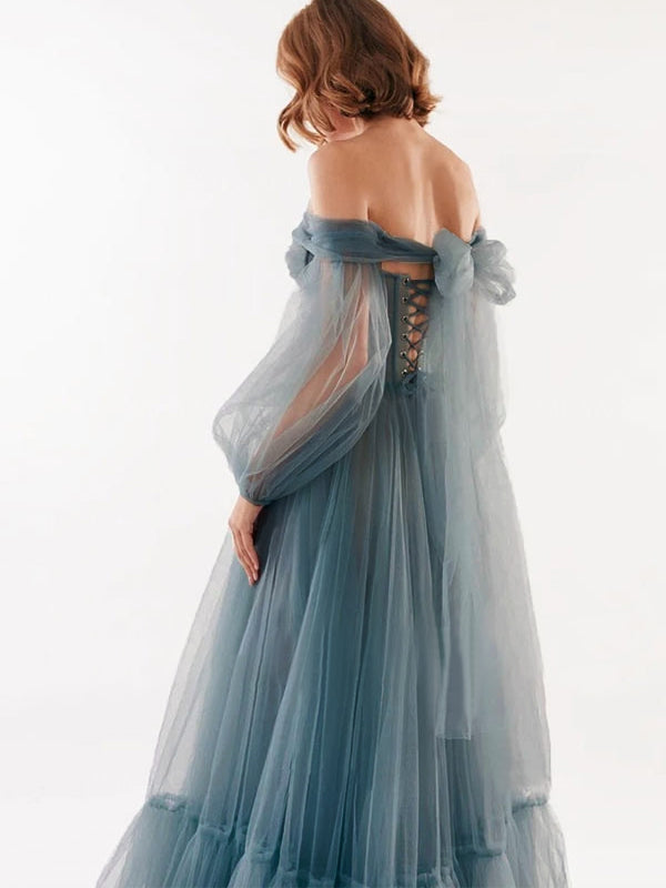 A-Line/Princess Off-the-shoulder Sweetheart Floor Length Tulle Prom Dresses BabaMila